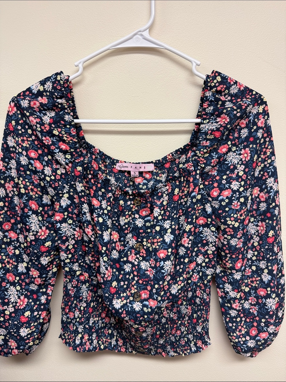 Floral Smocked Navy Peasant Top